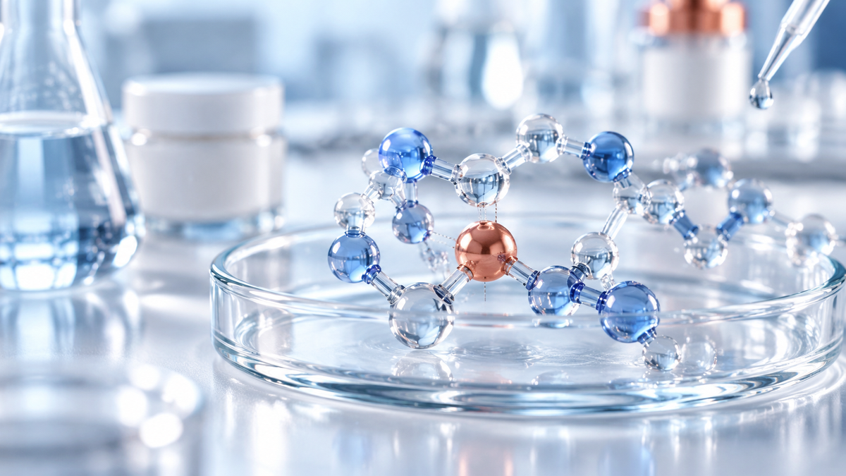 Conceptual visualization of copper coordination in a GHK-Cu cosmetic formulation.